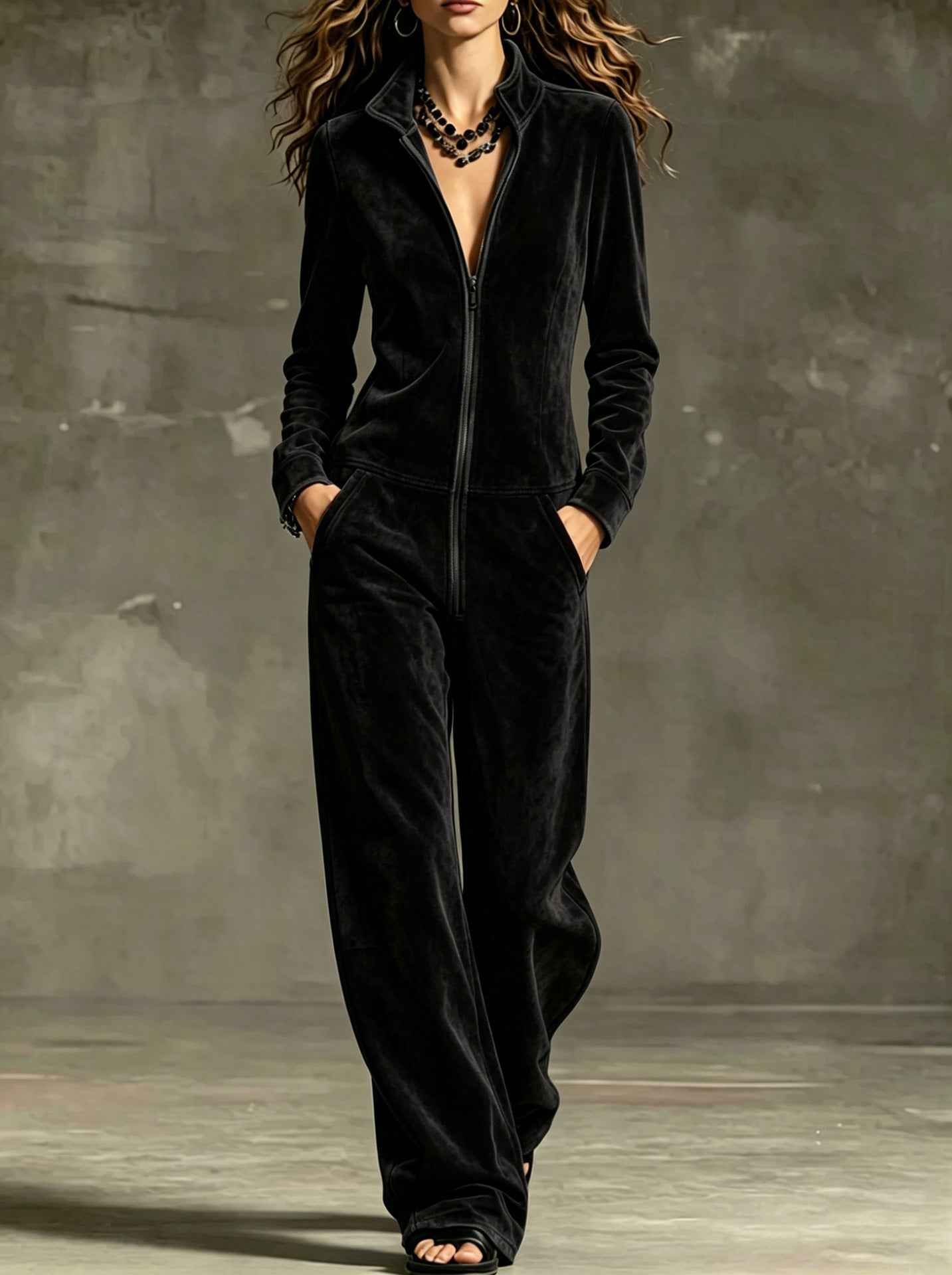 Womens Wide-leg Jumpsuit With Zip Pockets