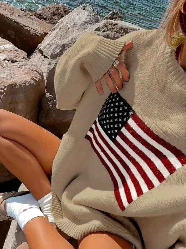 Womens Retro Loose Crew-Neck Pullover Sweater