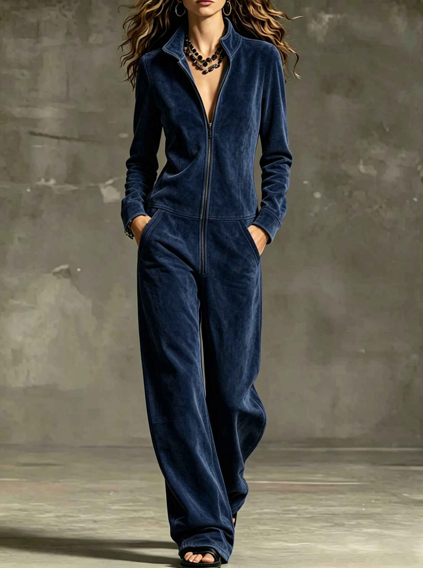 Womens Wide-leg Jumpsuit With Zip Pockets