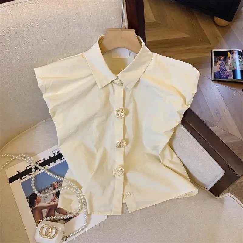 Korean-style French-style Puff-sleeve Blue Blouse For Women