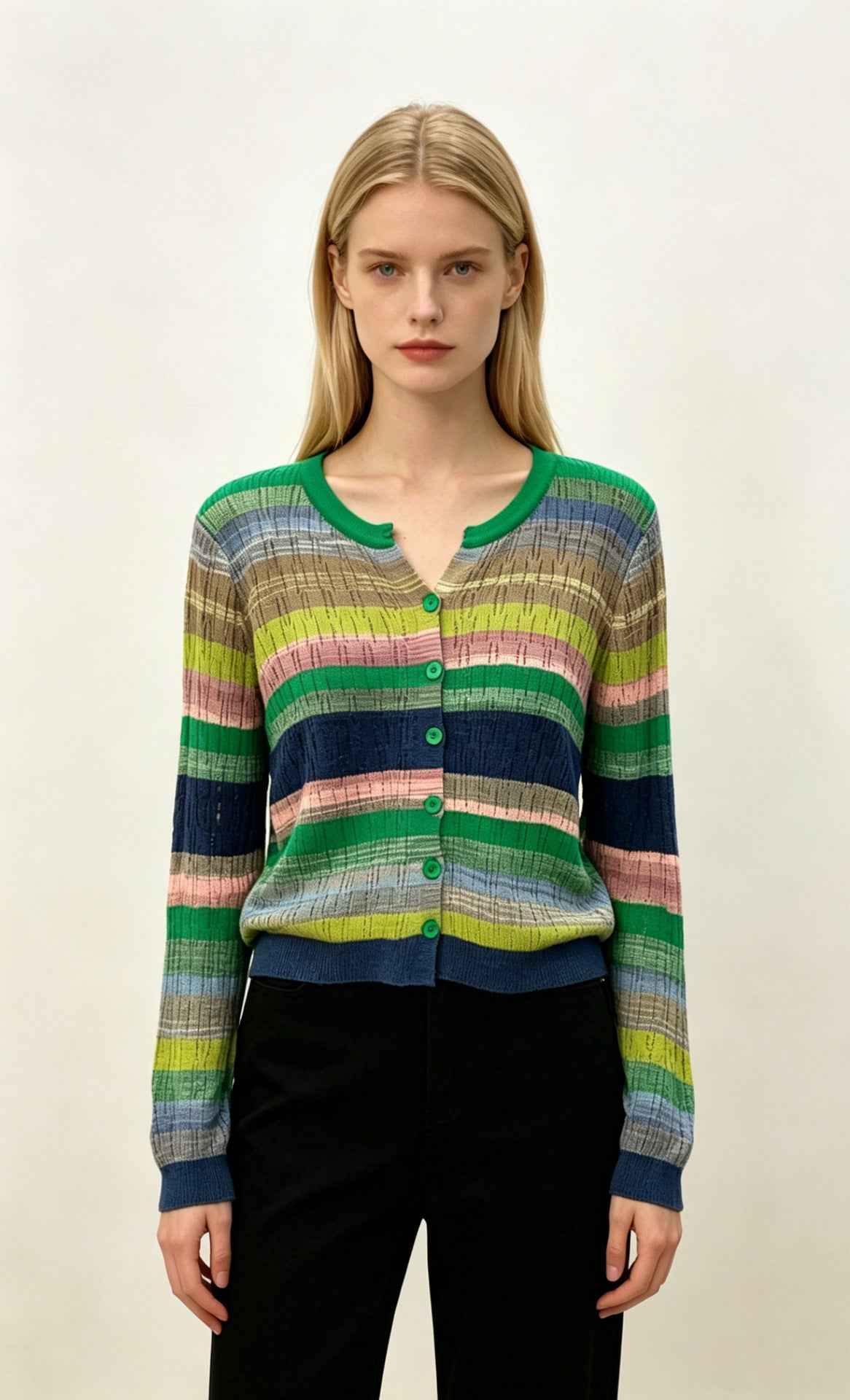 Womens Hollow-Out Color-Block Striped V-Neck Knitted Cardigan Top