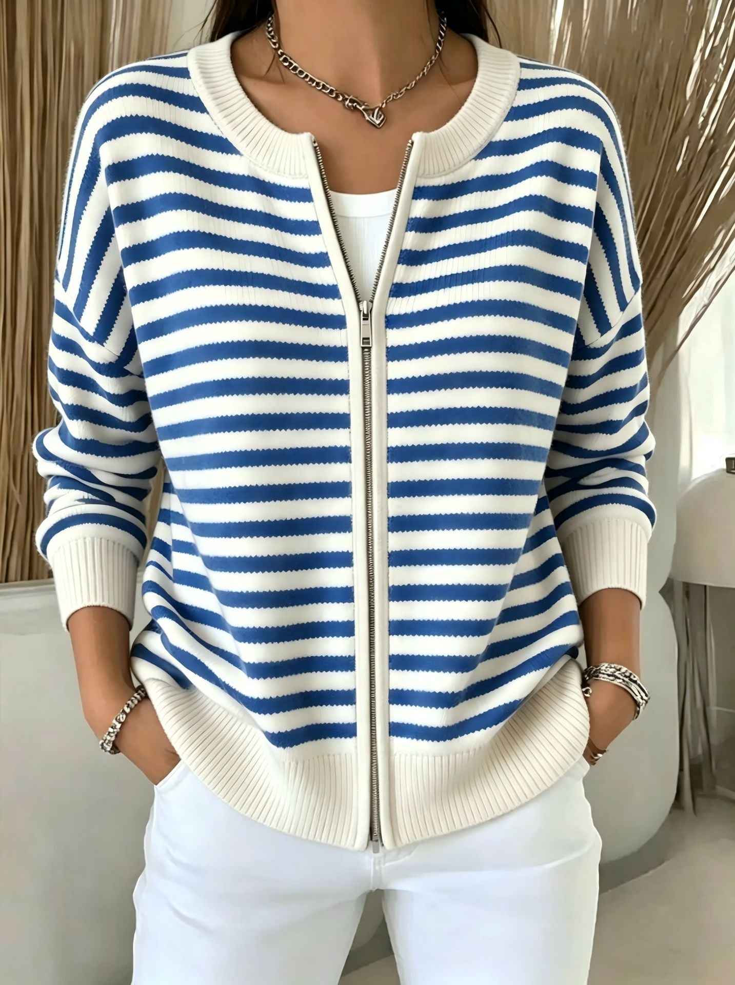 Womens Striped Knitted Cardigan With Zipper