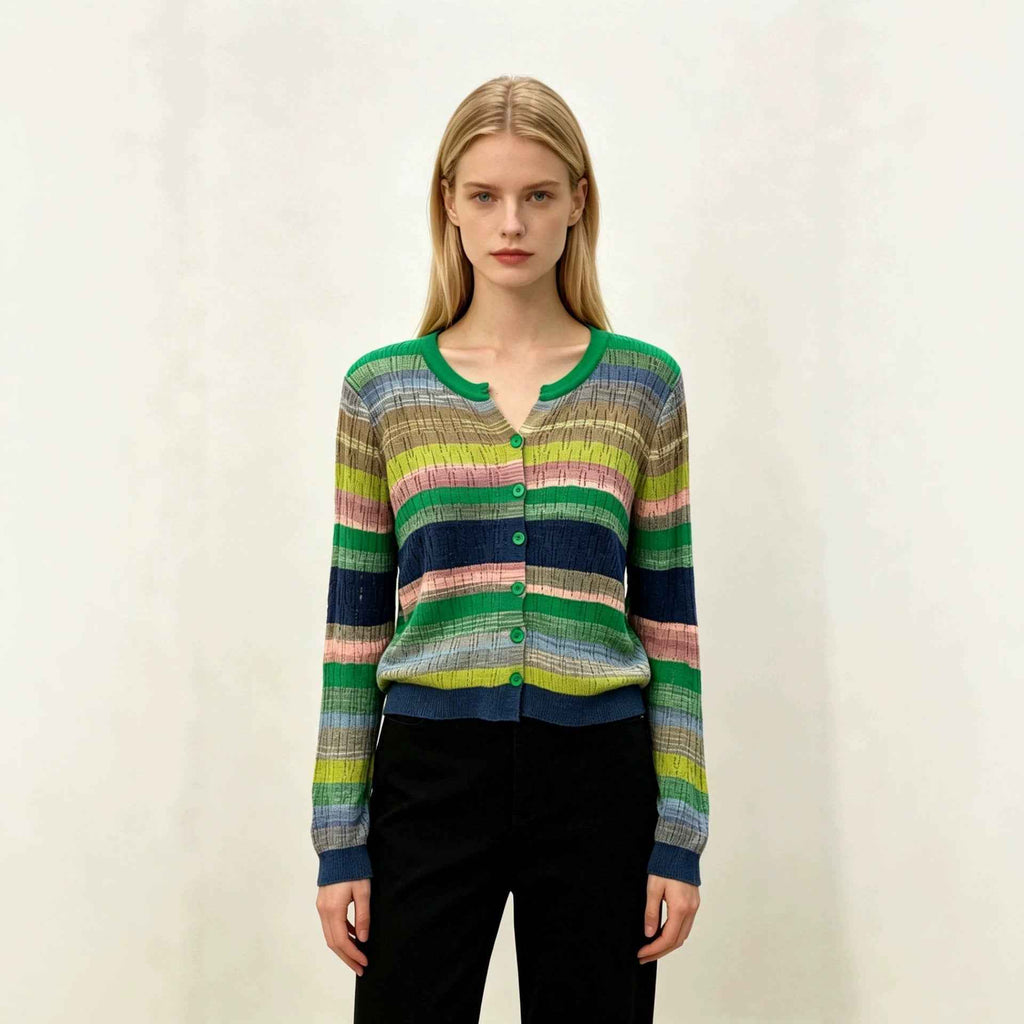 Womens Hollow-Out Color-Block Striped V-Neck Knitted Cardigan Top