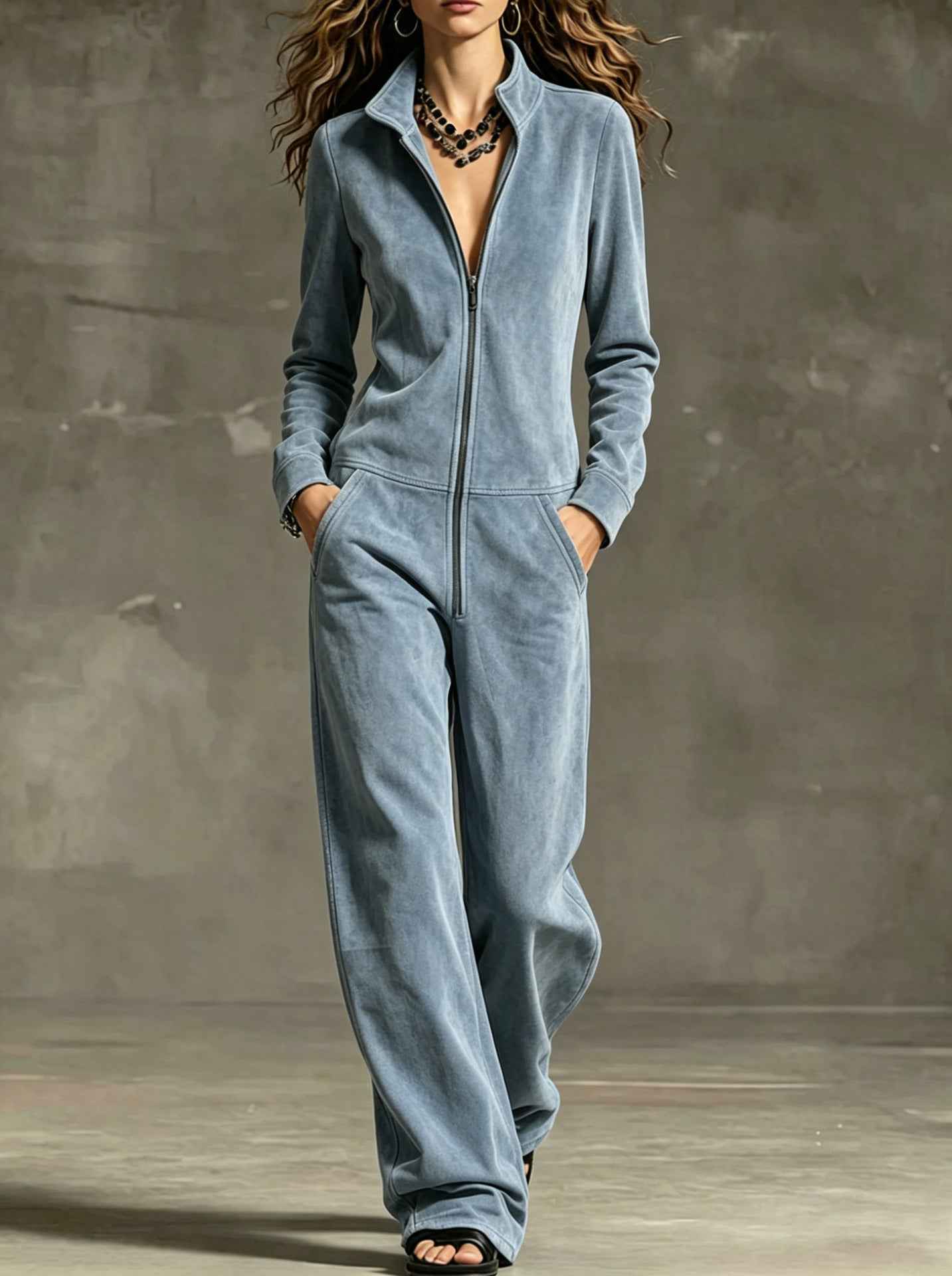Womens Wide-leg Jumpsuit With Zip Pockets