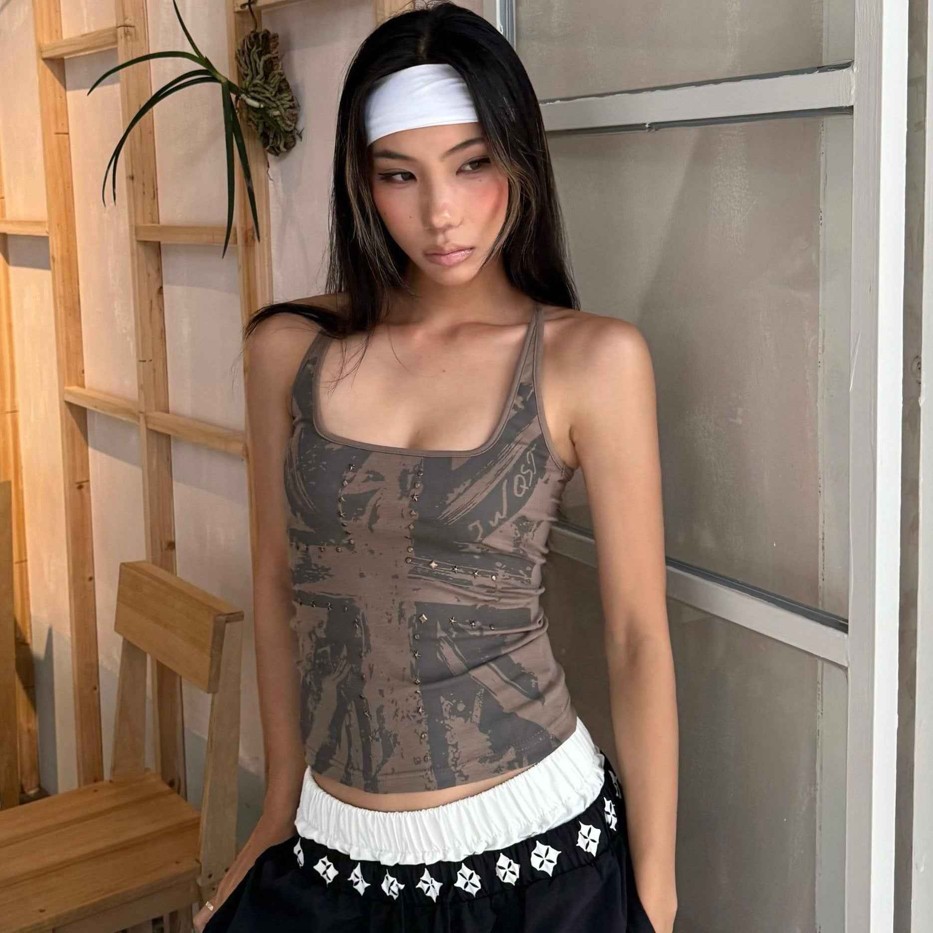 Cross-printed Studded Halter Vest Figure-hugging Sexy Sleeveless Top