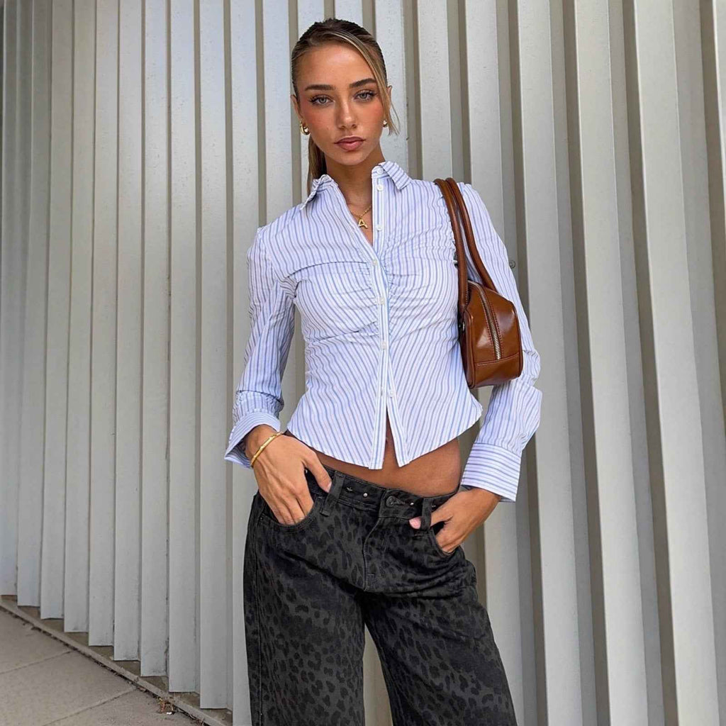 Womens Elegant Polo-collar Buttoned Cardigan Striped Long-sleeve Blouse Top