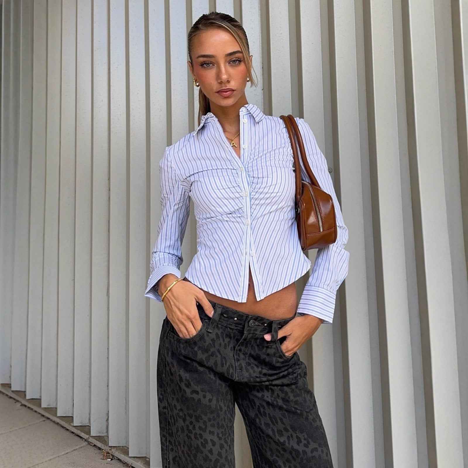 Womens Elegant Polo-collar Buttoned Cardigan Striped Long-sleeve Blouse Top
