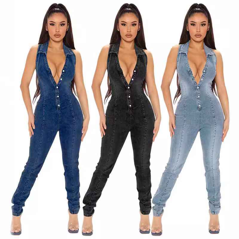 Sleeveless Washed Denim Jumpsuit For Women