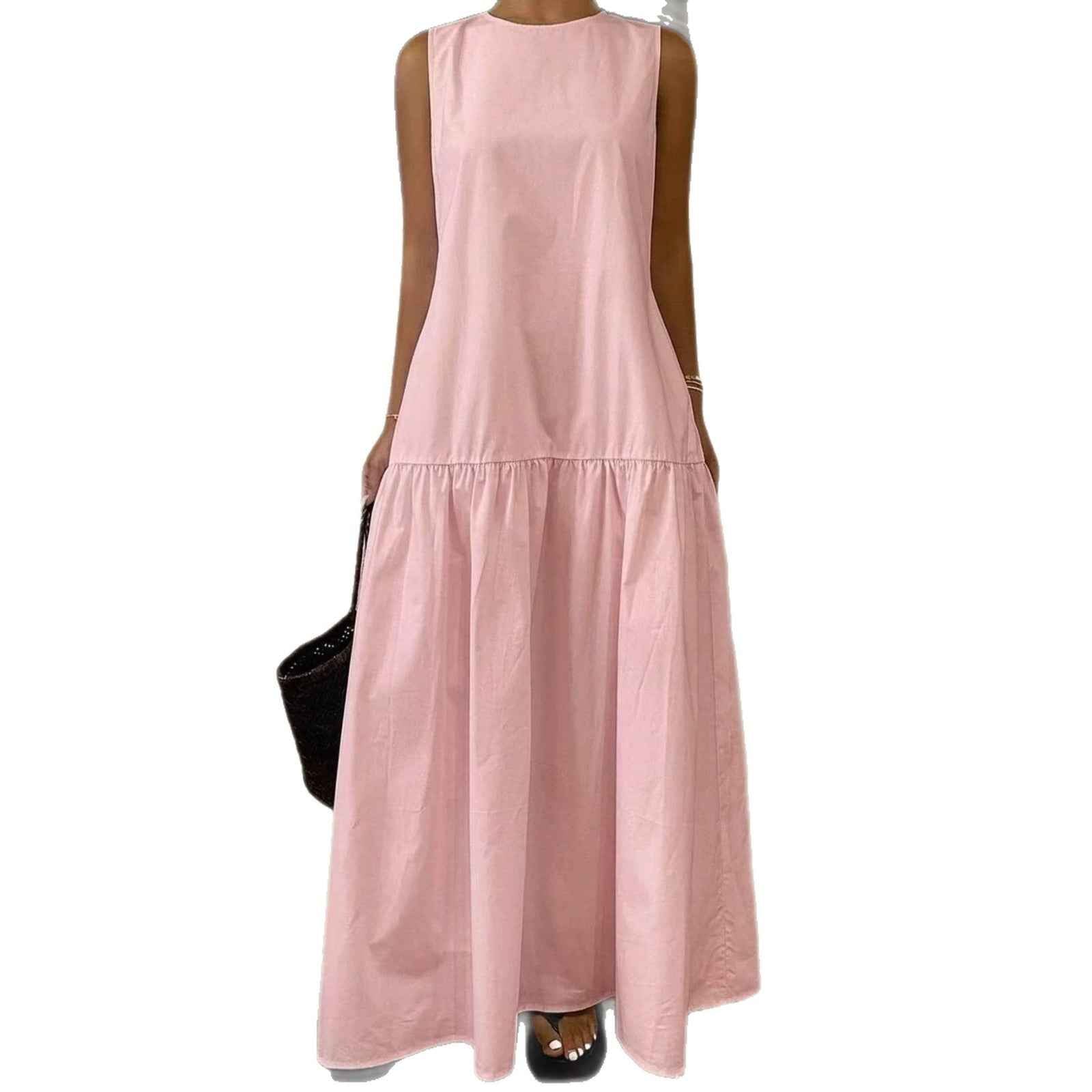 Womens Solid-Color Crew-Neck Sleeveless Patchwork Loose-Fitting Long Dress With Flared Hem