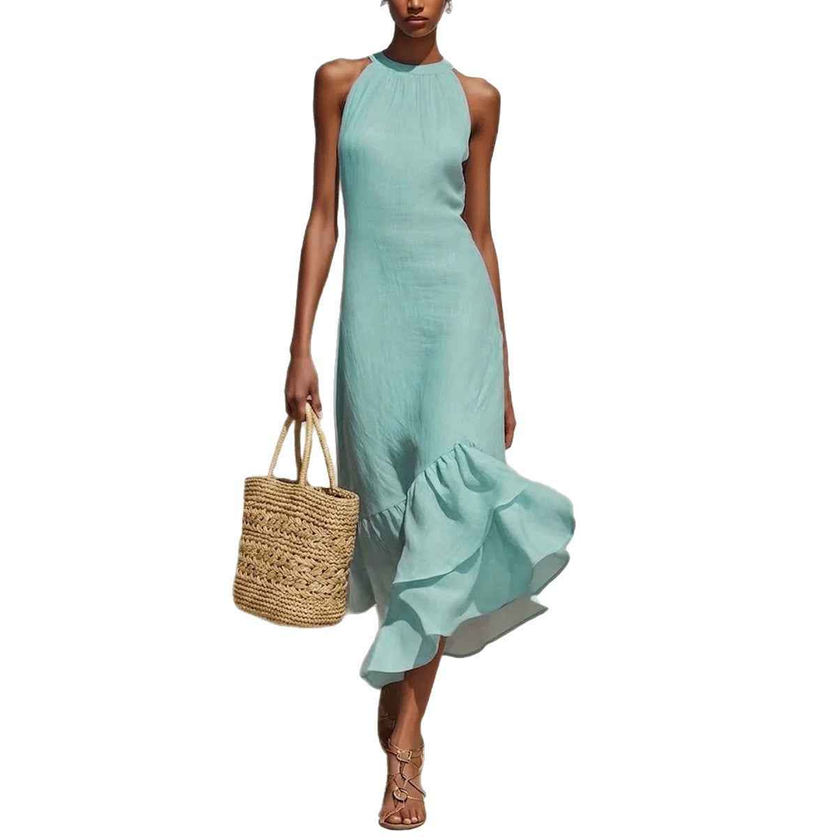 Irregular Ruffled Fishtail Hem Sleeveless Dress