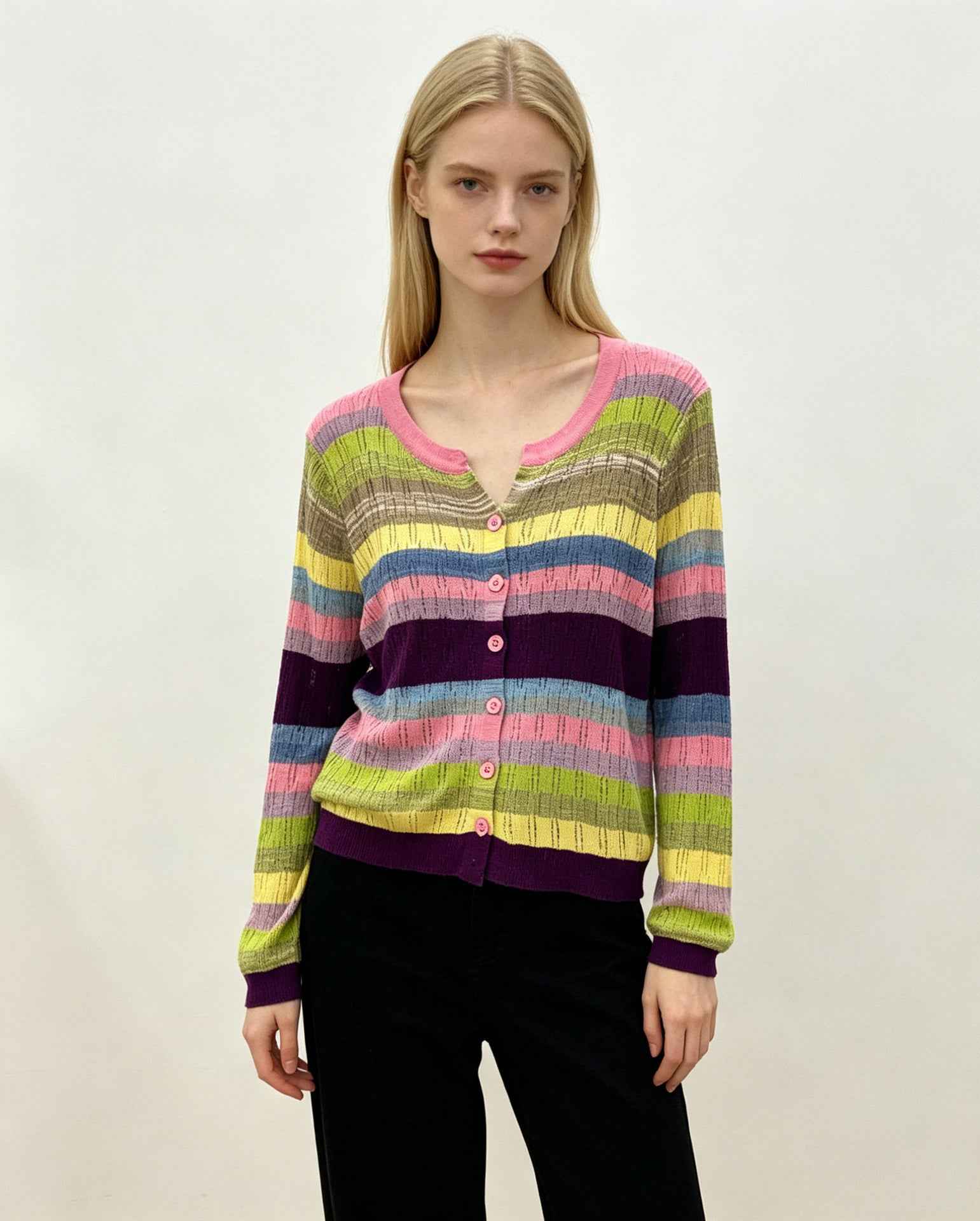 Womens Hollow-Out Color-Block Striped V-Neck Knitted Cardigan Top