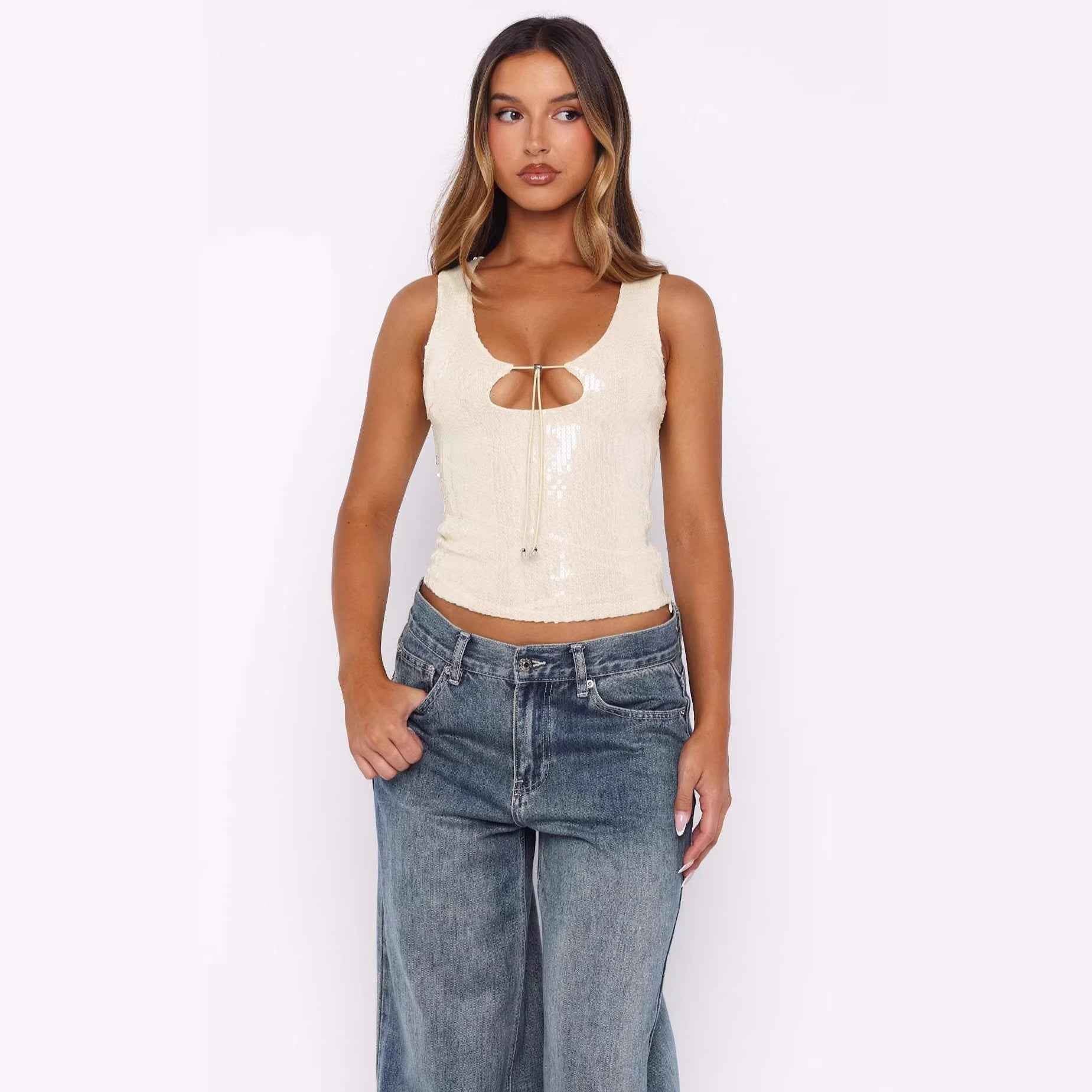 Sleeveless Hollowed-Out Slimming Elegant Strap Top For Women