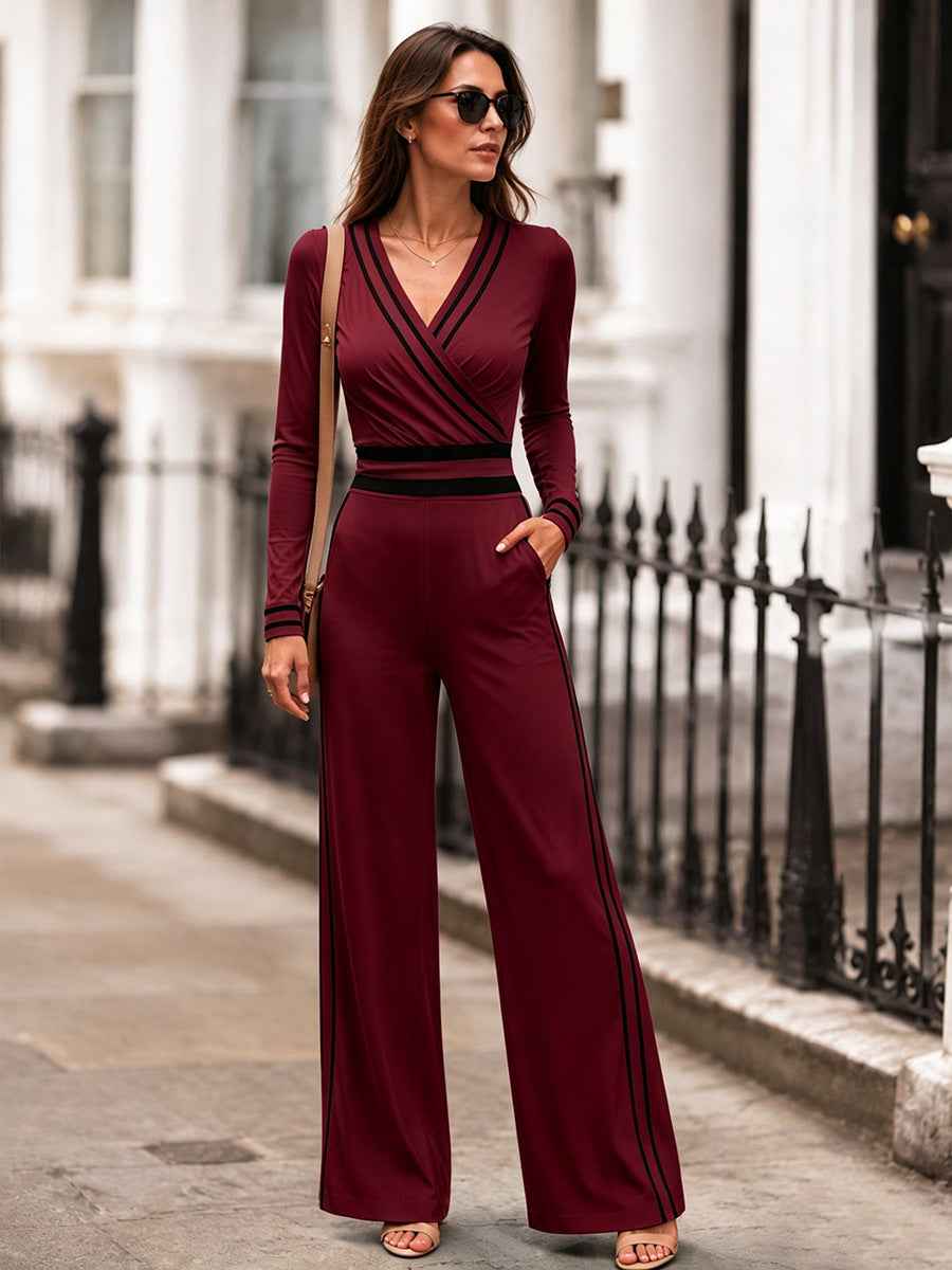 Womens High-waisted Twill Color-block Side-panel Jumpsuit