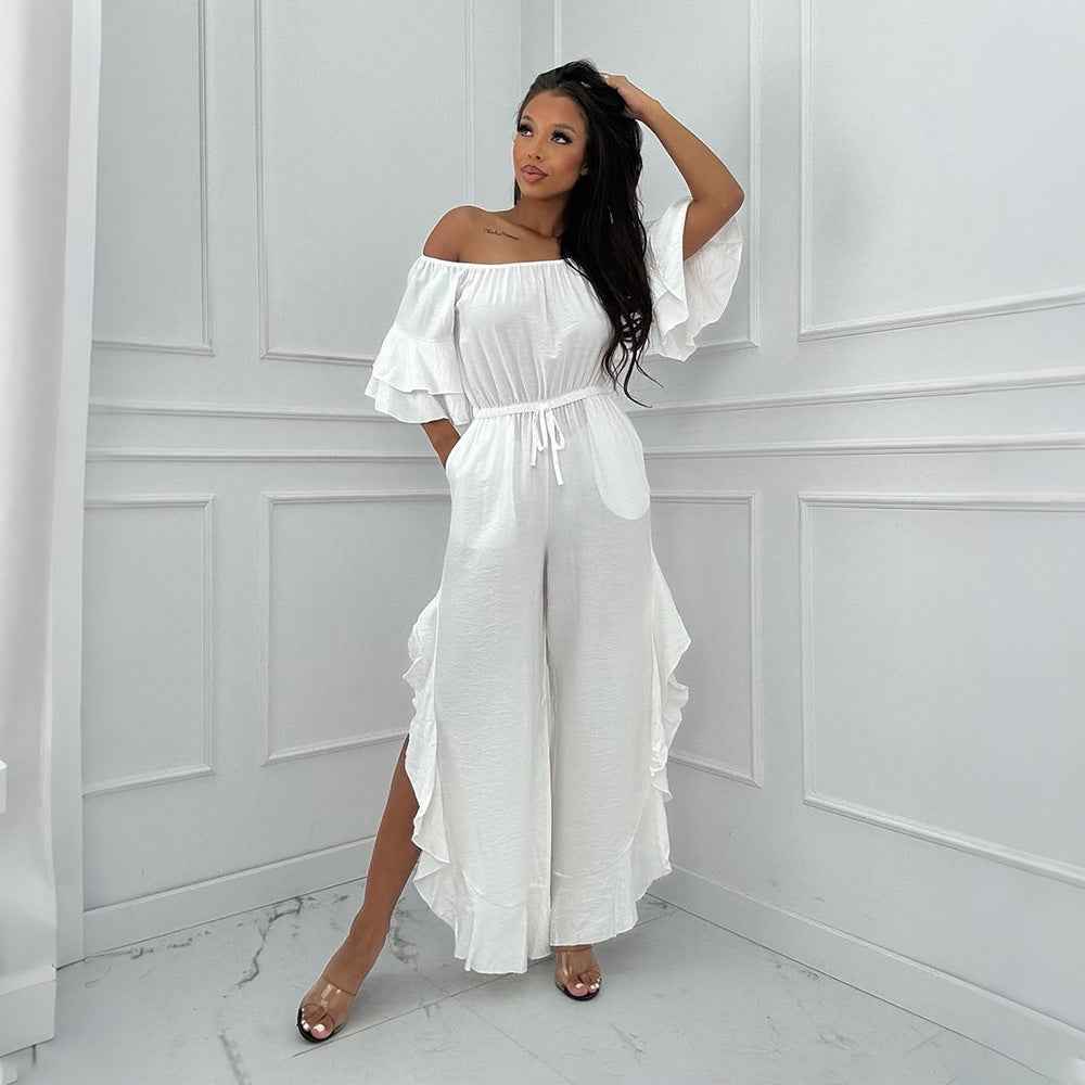 European And American Solid-color Off-shoulder Jumpsuit With A Belt