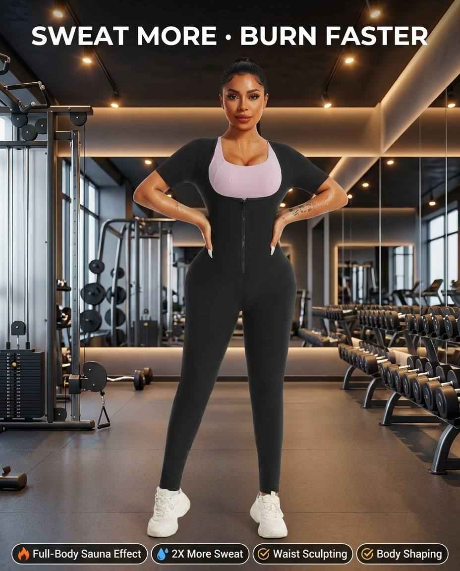 Women's Sauna Suit Short Sleeve Jumpsuit, Sweat Enhancer Workout Shapewear, Corset Waist Trainer For Body Sculpting