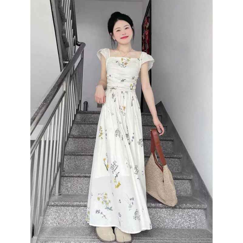 Sweet-girl Puff-sleeve Floral-print Square-neck Dress
