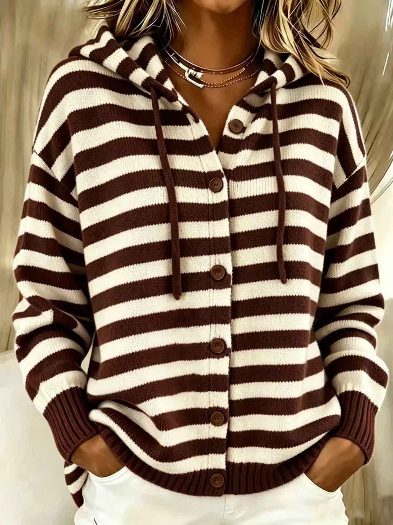 Striped Single-breasted Hooded Womens Casualwear For Comfort