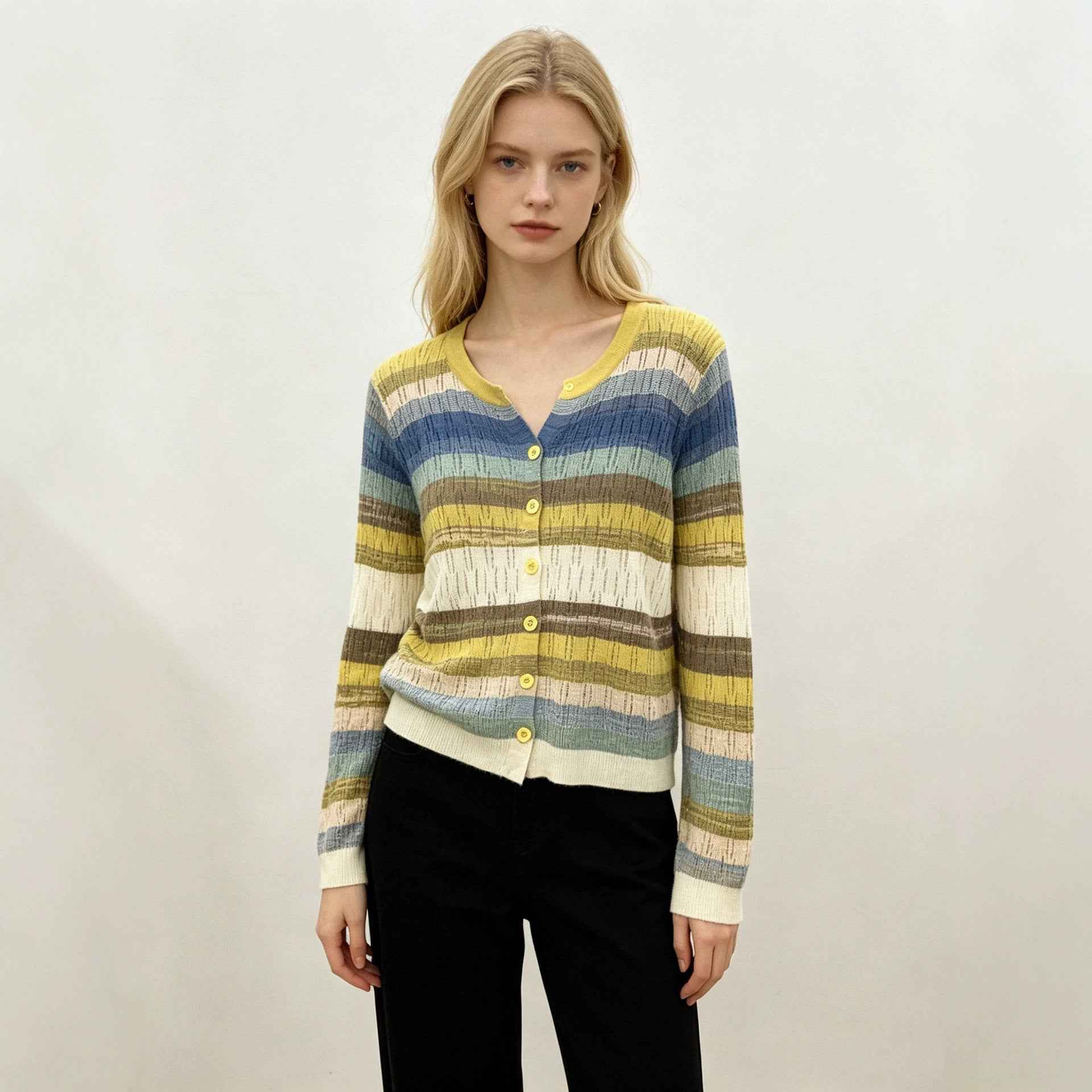 Womens Hollow-Out Color-Block Striped V-Neck Knitted Cardigan Top