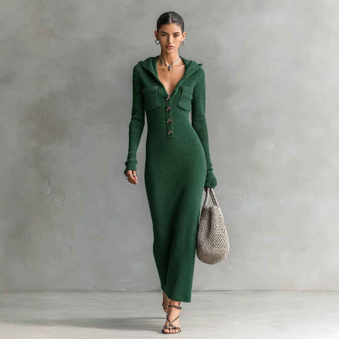 Womens Slim-Fit Half-Neck Hooded Knitted Sweater Dress