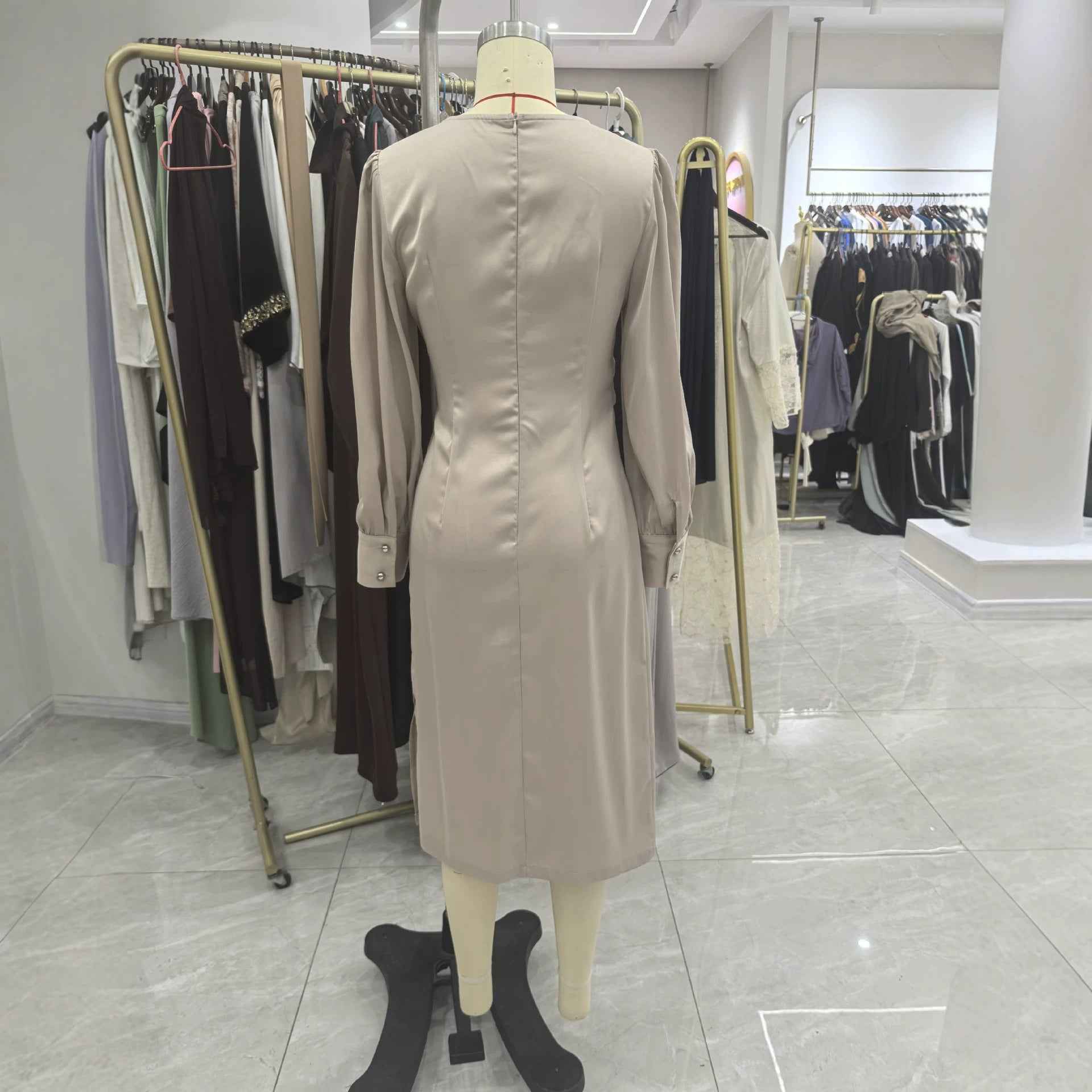 Elegant Light Luxury Satin Puff Sleeve Waist Dress