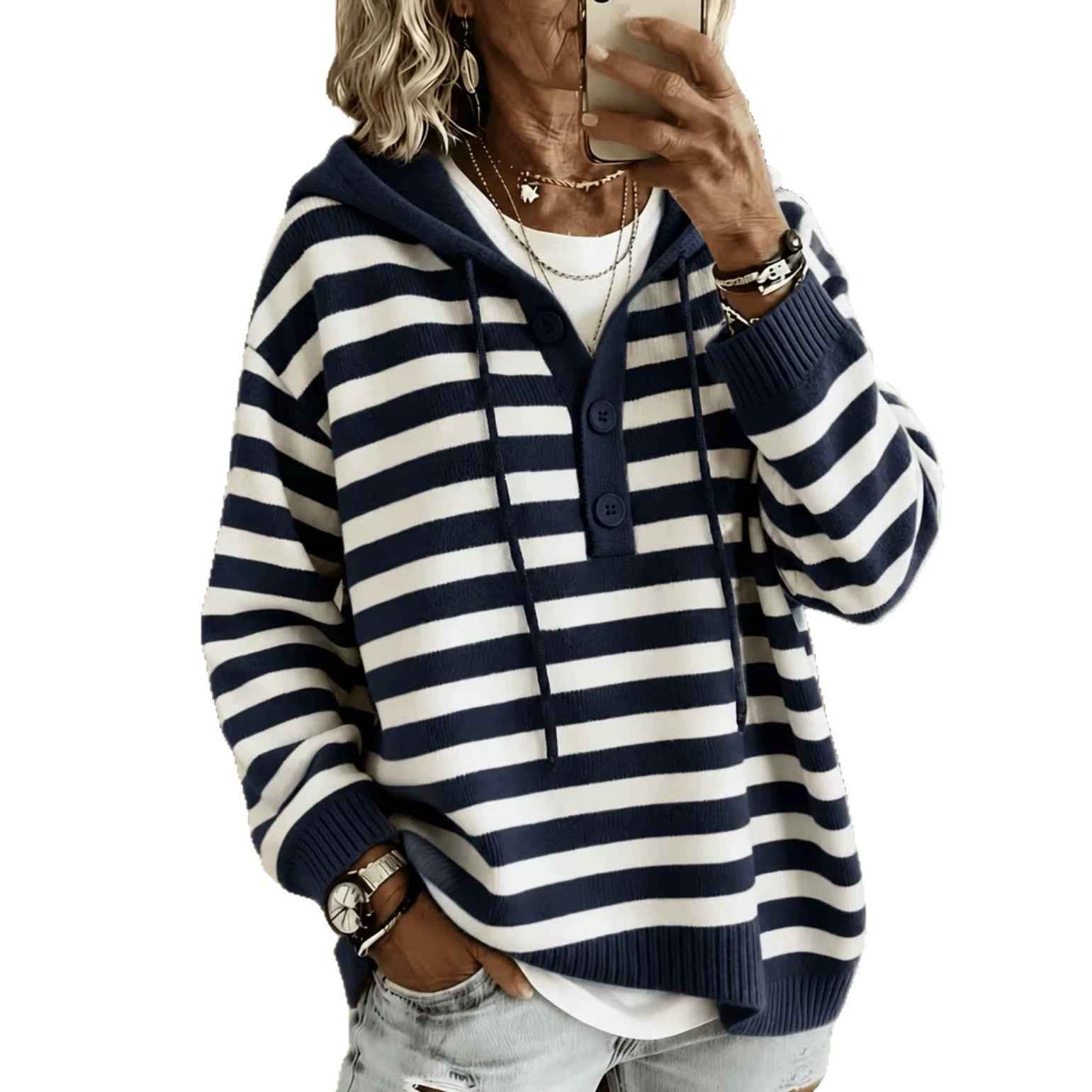 European And American-style Hooded Striped Pullover Knit Sweater