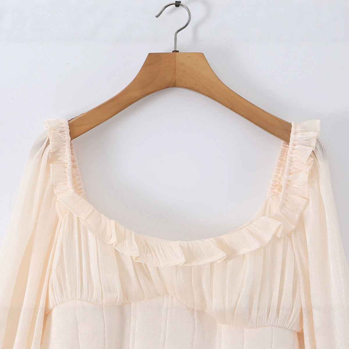 Fishtail-waisted Square-neck Puffed-sleeve Dress