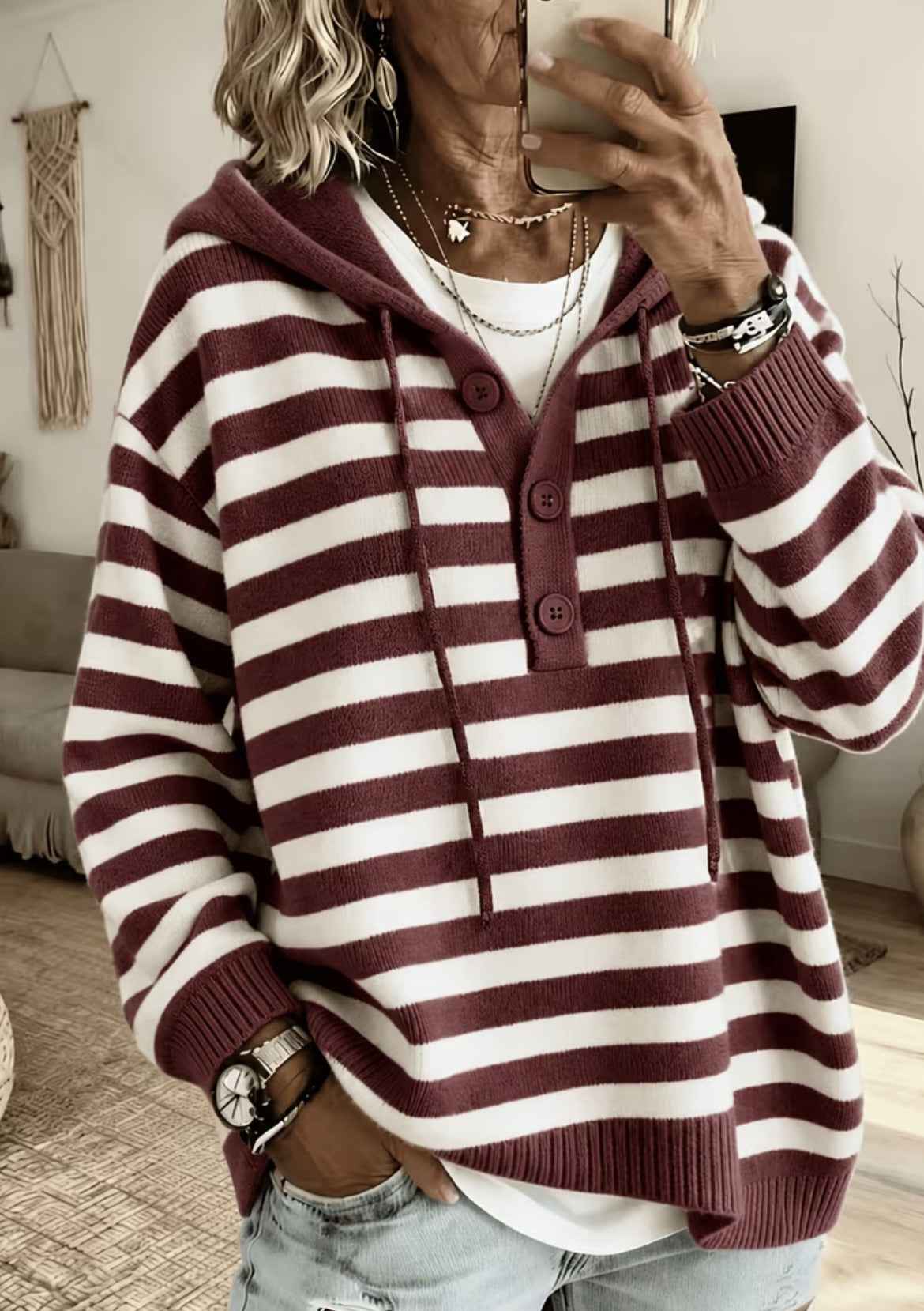 European And American-style Hooded Striped Pullover Knit Sweater