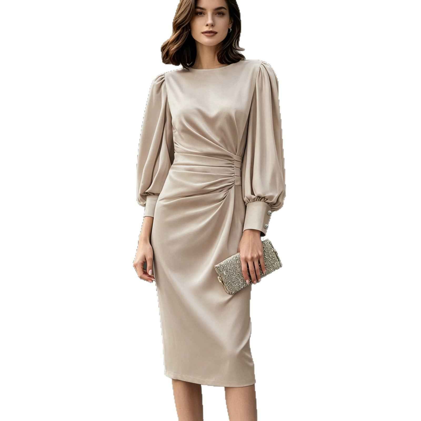 Elegant Light Luxury Satin Puff Sleeve Waist Dress