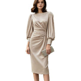 Elegant Light Luxury Satin Puff Sleeve Waist Dress