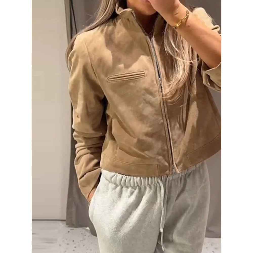 Spring Short Suede Jackets Women Brown Stand Collar Zip