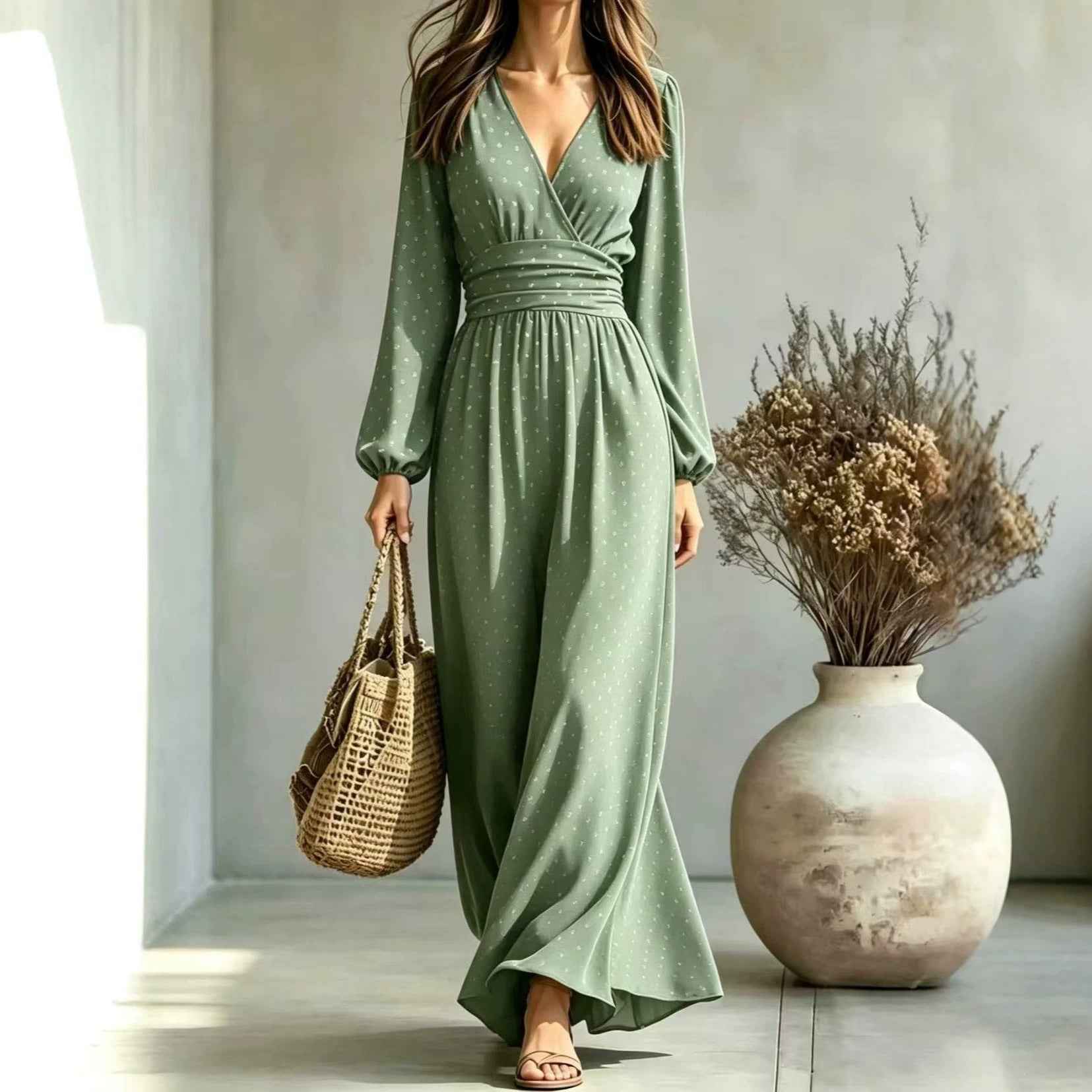 New V-neck Lantern-sleeve Printed Long-sleeved Waist-defined Elegant Slimming Dress