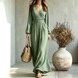 New V-neck Lantern-sleeve Printed Long-sleeved Waist-defined Elegant Slimming Dress
