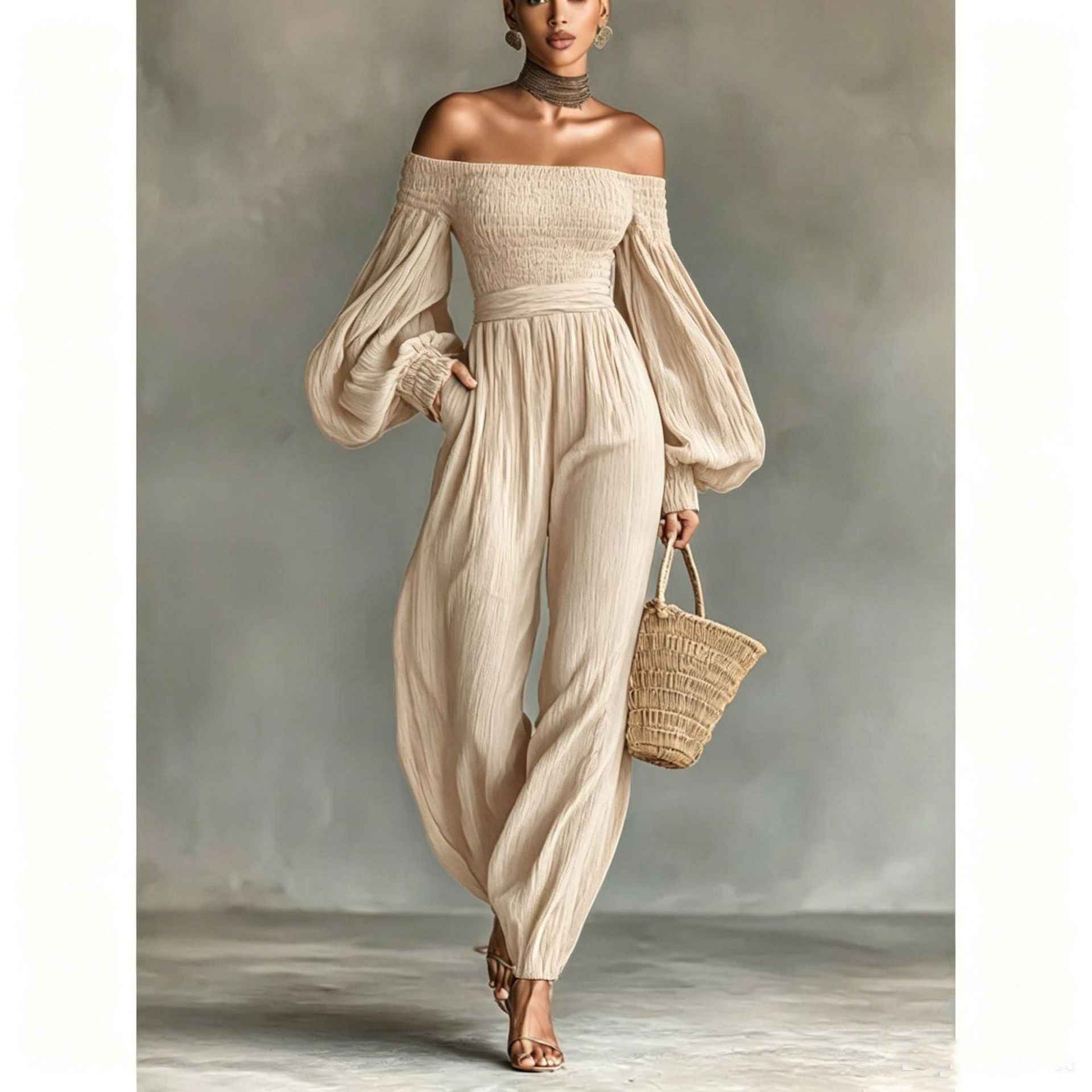 Womens Off-shoulder Long-sleeve Pleated Fabric Patchwork Solid-color Jumpsuit