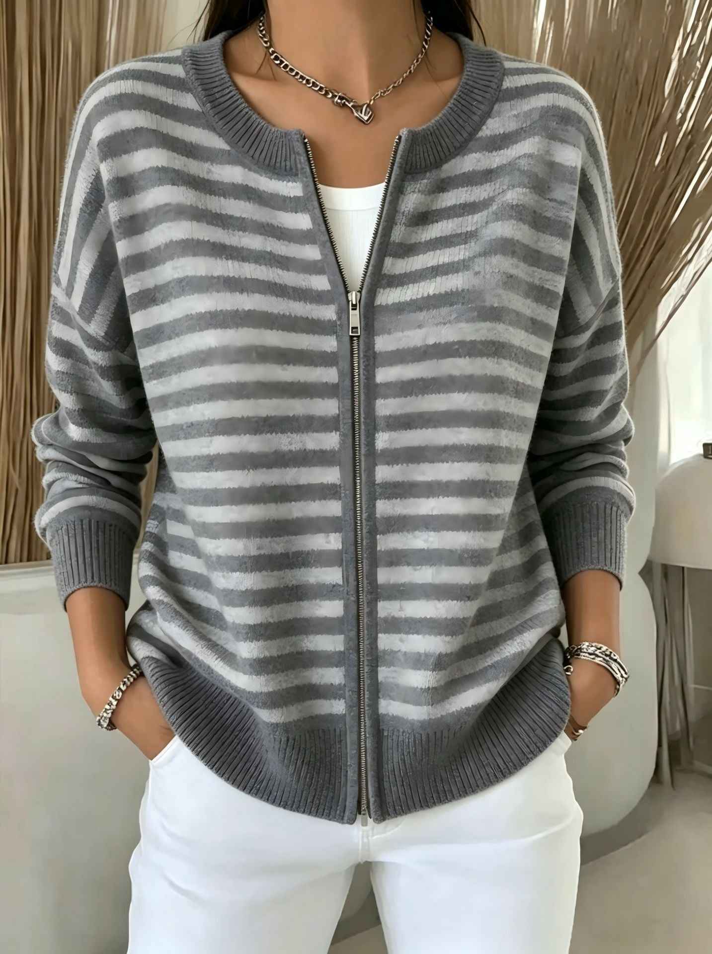 Womens Striped Knitted Cardigan With Zipper