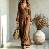 New V-neck Lantern-sleeve Printed Long-sleeved Waist-defined Elegant Slimming Dress